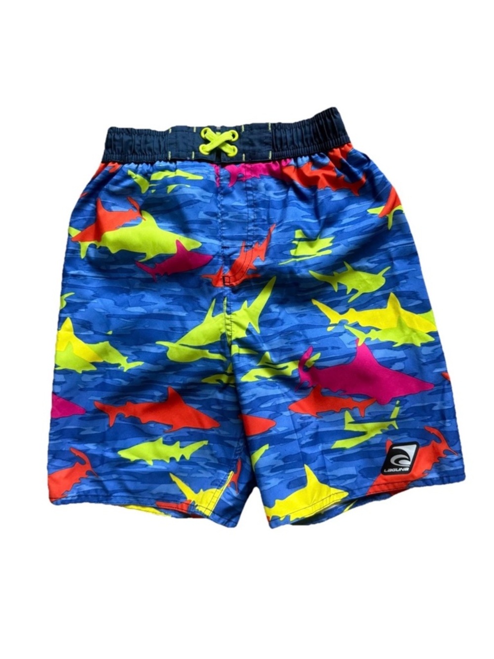 Laguna Boy’s Size 7 Blue Colorful Shark Print Swim Trunks Mesh Liner NWOT